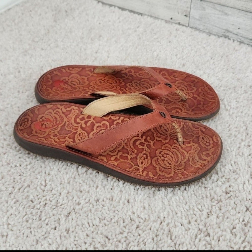 Olukai Paniolo W Women's Size 6 Leather Natural Flip Flops Thongs Sandals